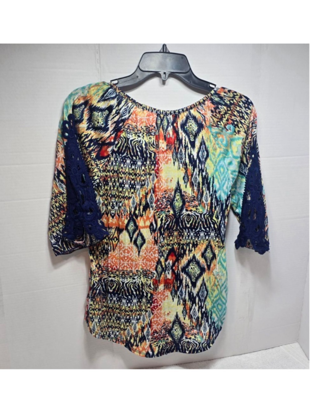 Women's Inspire Multi-color Blouse with Blue Crochet Sleeves, Size S - Picture 7 of 8